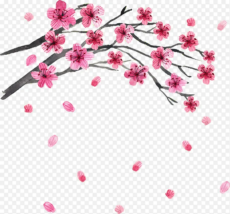 春天水彩粉色桃花大树