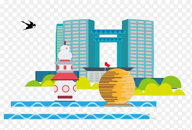 彩色卡通手绘建筑杭州地标免抠图