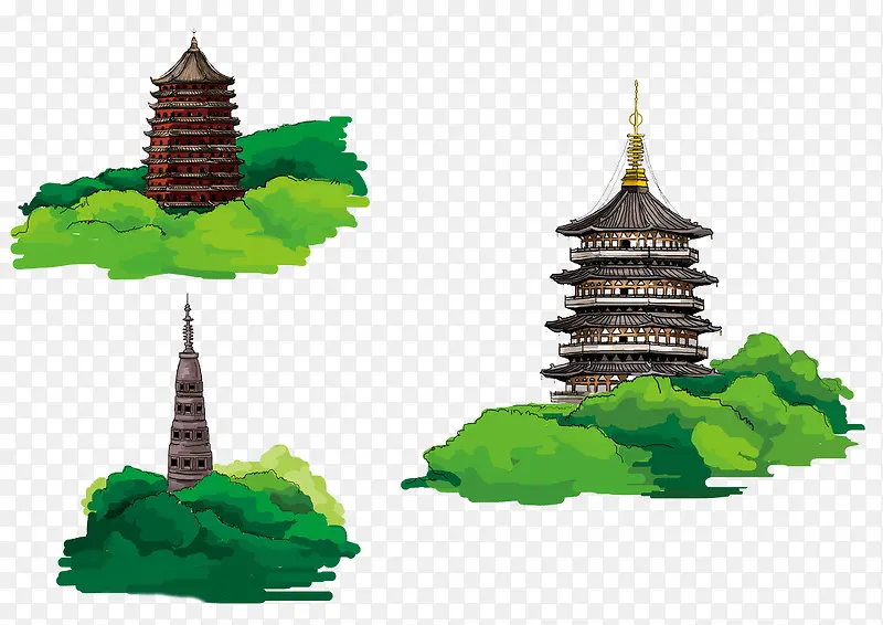 绿色清新特色手绘旅游杭州地标免
