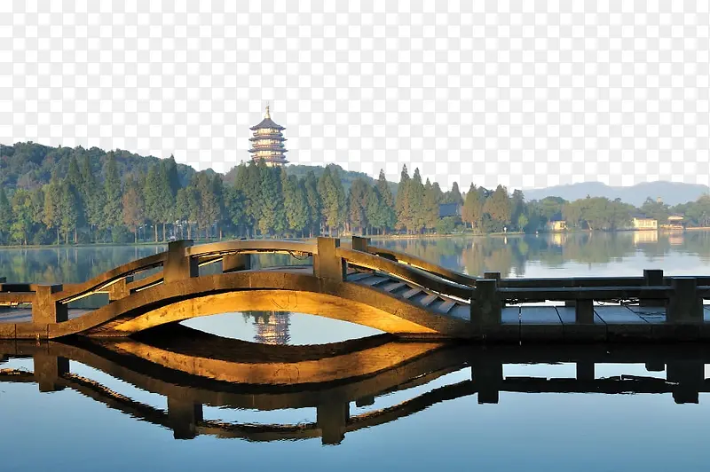 优雅杭州西湖景色旅游桥免扣