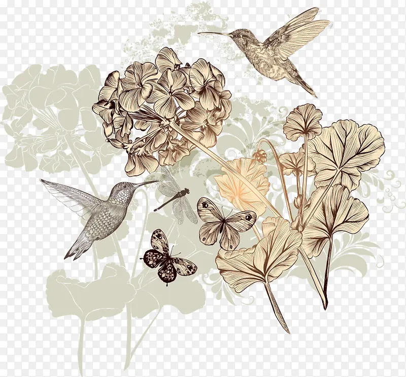 矢量手绘花朵与小鸟