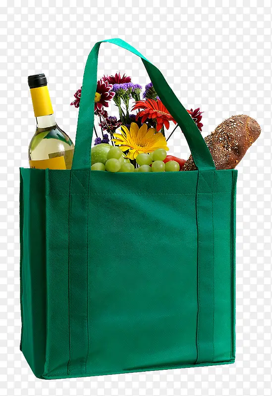 购物袋里的食物和鲜花