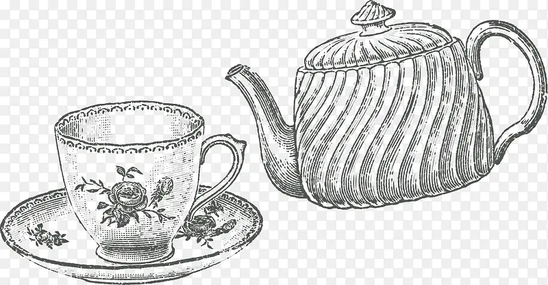 矢量手绘茶壶茶杯