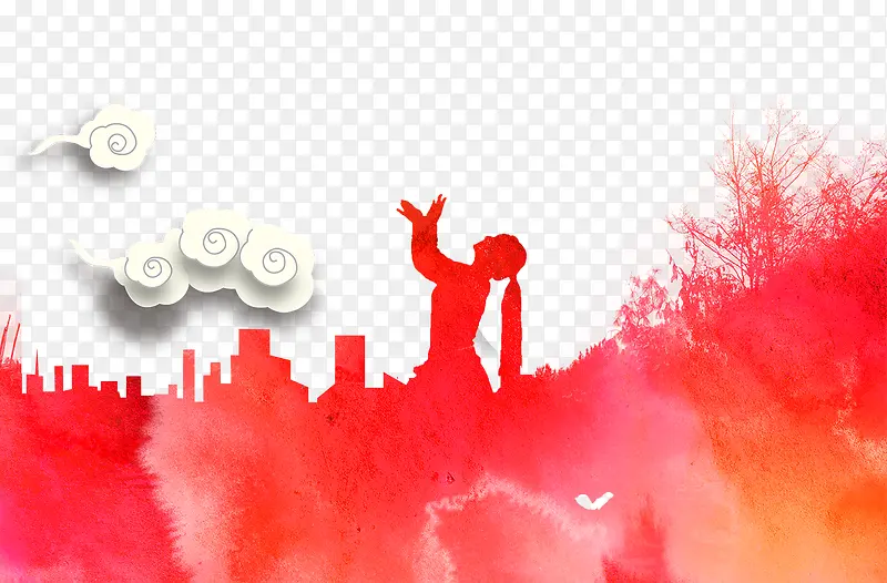 红色城市妇女剪影祥云背景