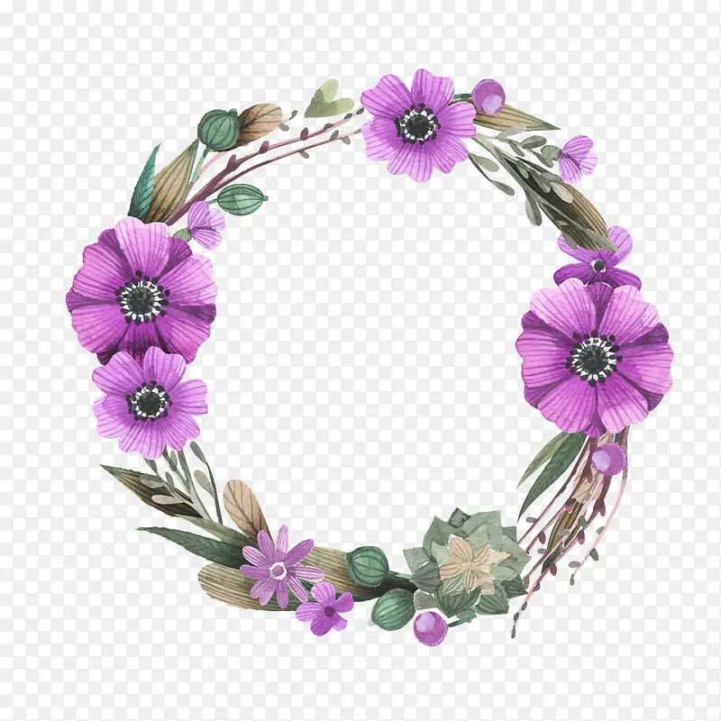 紫色小清新花草花环装饰图案