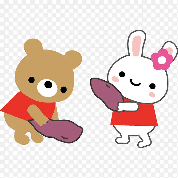 卡通小兔子和小熊拿着红薯插画免