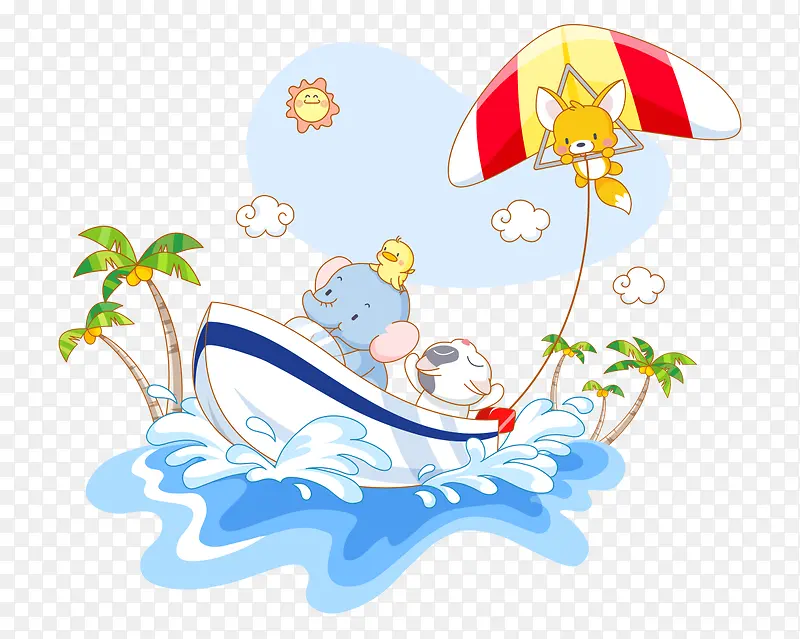 卡通手绘海上坐船可爱小动物