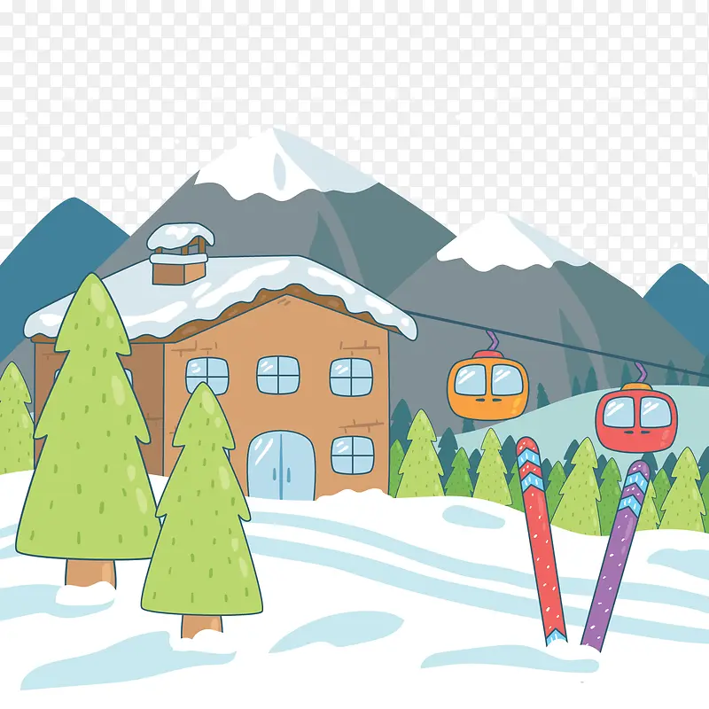 卡通冬季滑雪场风景矢量图