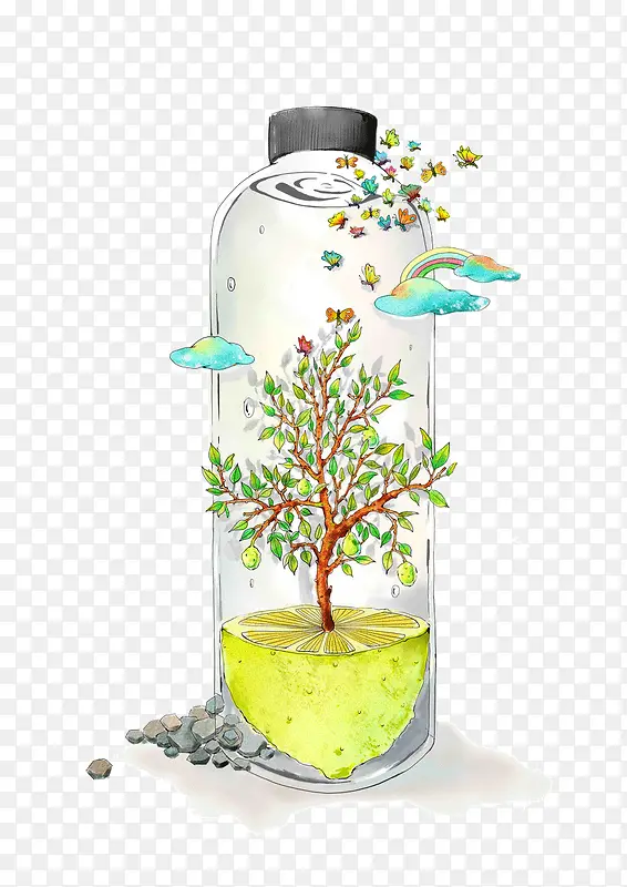 创意卡通手绘风景酒瓶瓶子