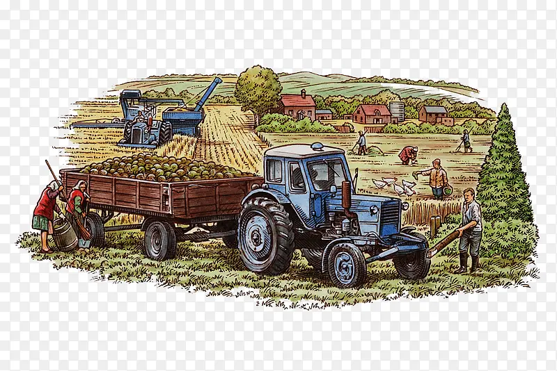 手绘插图农地忙农活的场景