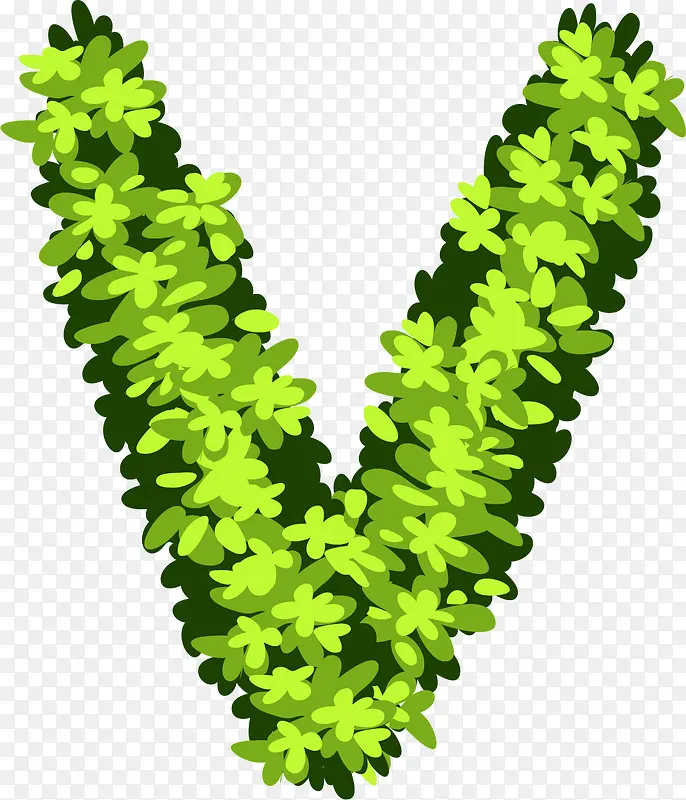 手绘绿色植物花卉创意英文字母V