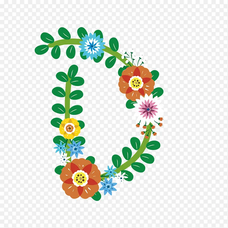 手绘清新植物花卉艺术字母D