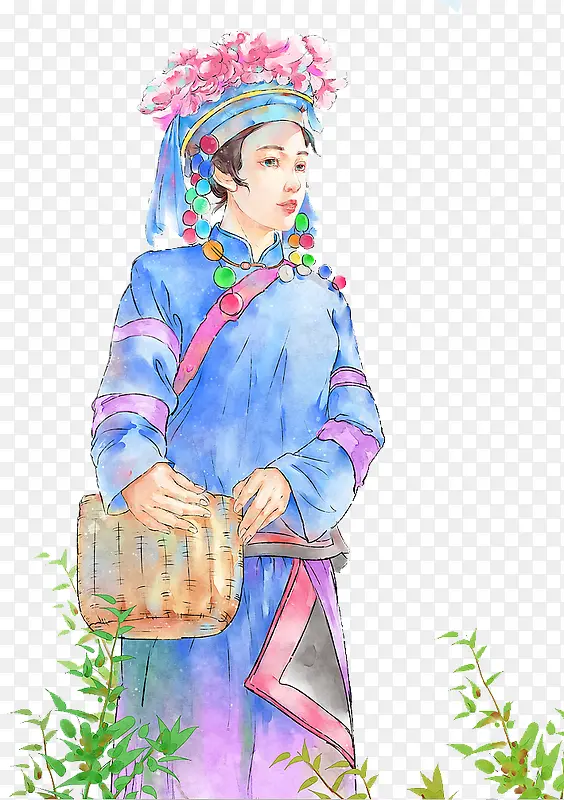 手绘采茶少女