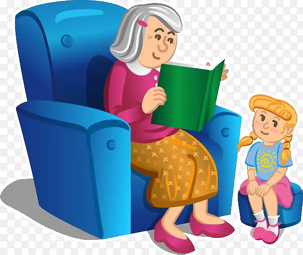 奶奶坐在沙发讲故事给女孩听