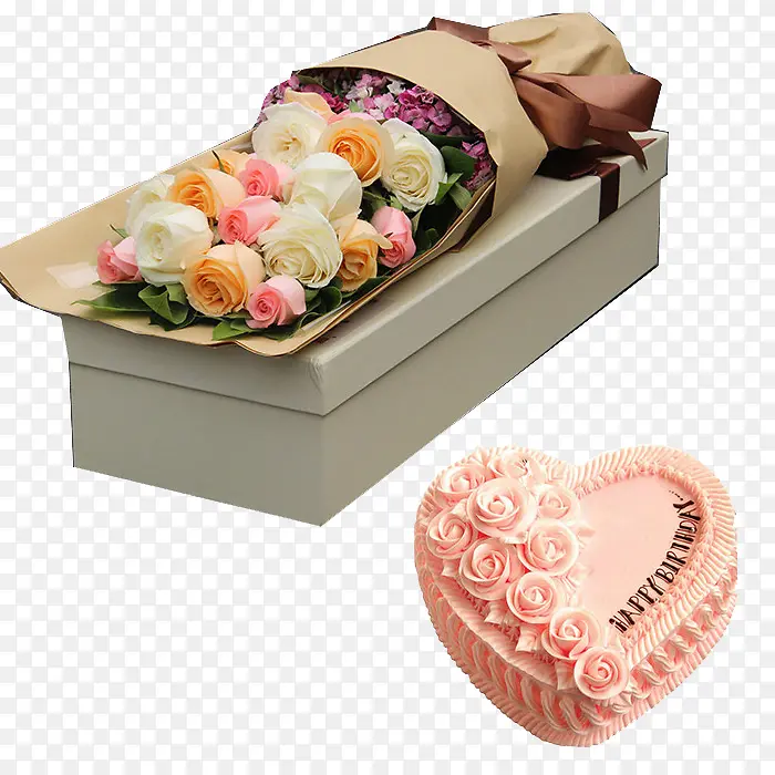 玫瑰花礼盒和蛋糕