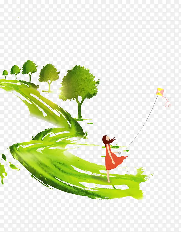 绿色清新春游踏青插画免抠
