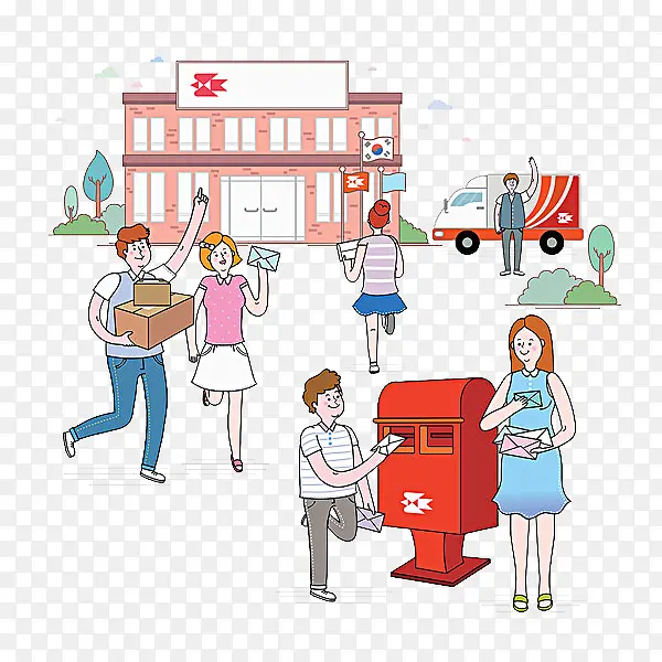 卡通手绘邮政在邮局门口忙碌的人