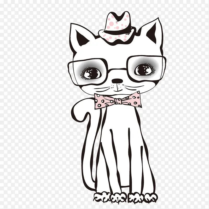 手绘卡通漂亮带眼镜小猫