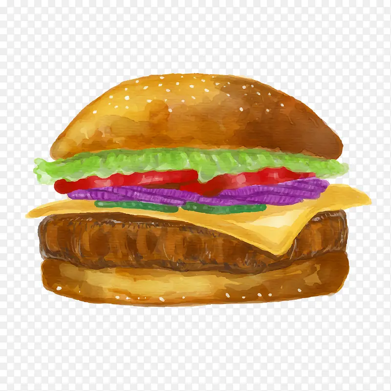 水彩绘美味芝士汉堡包矢量图