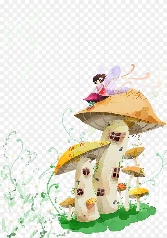 卡通手绘蘑菇屋女孩