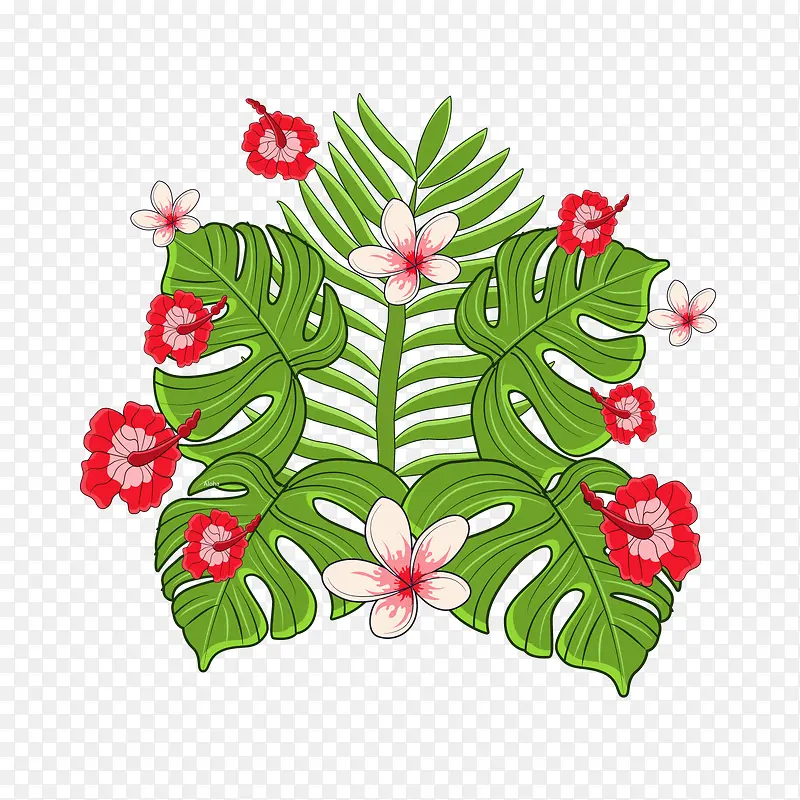 彩色夏威夷热带花卉树叶矢量图
