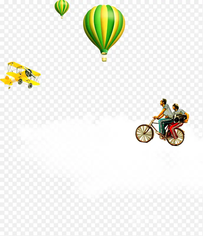 卡通飞机热气球骑自行车云朵