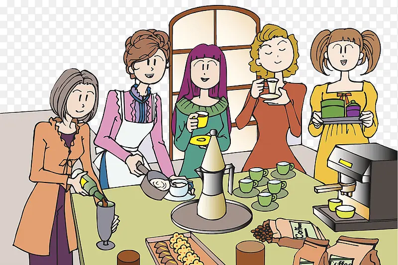 卡通人物插图女孩们一起喝茶