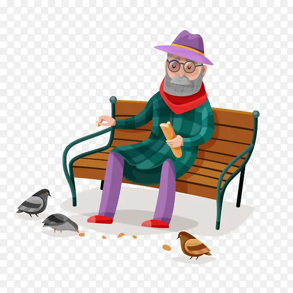 手绘卡通坐在长椅上的老人用面包