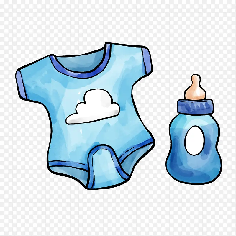 蓝色连体衣服奶瓶手绘水彩婴儿用