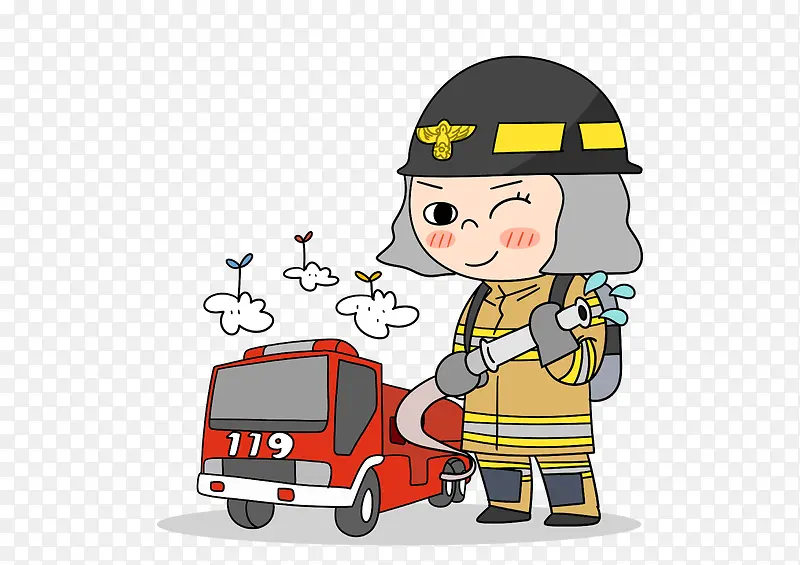 卡通手绘消防员和消防车