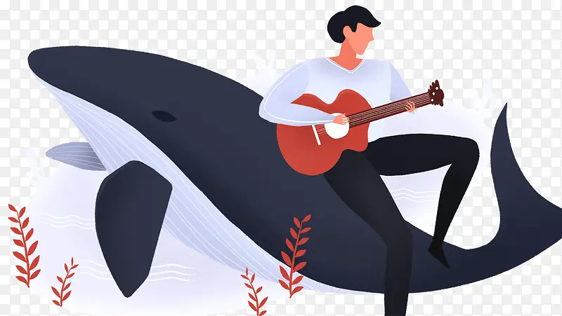 免抠卡通手绘坐在海豚上弹吉他的