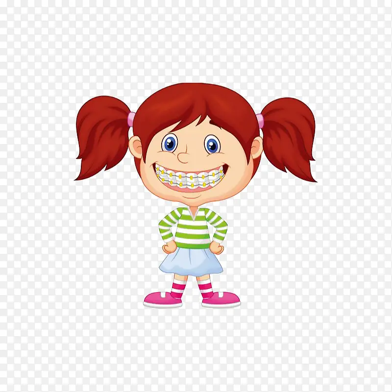 卡通戴牙套的小女孩叉腰微笑插画