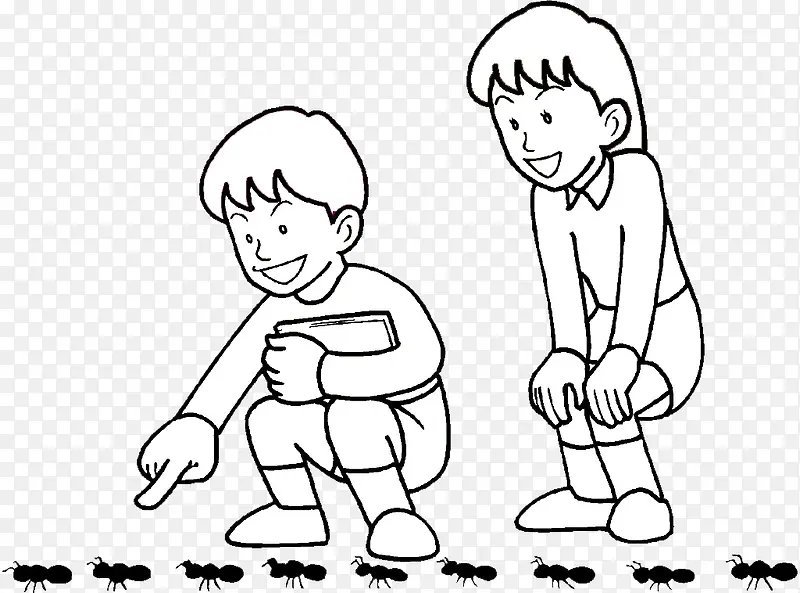 手绘蹲着数蚂蚁的孩子