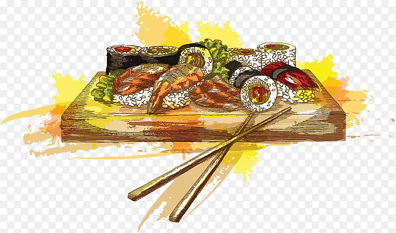 手绘插图寿司生鱼片日本料理套餐
