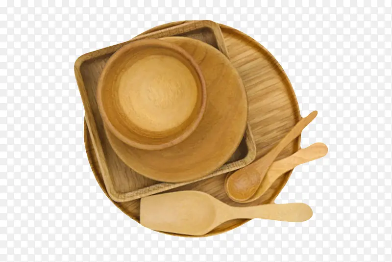 棕色木质纹理圆木盘和木碗木勺子