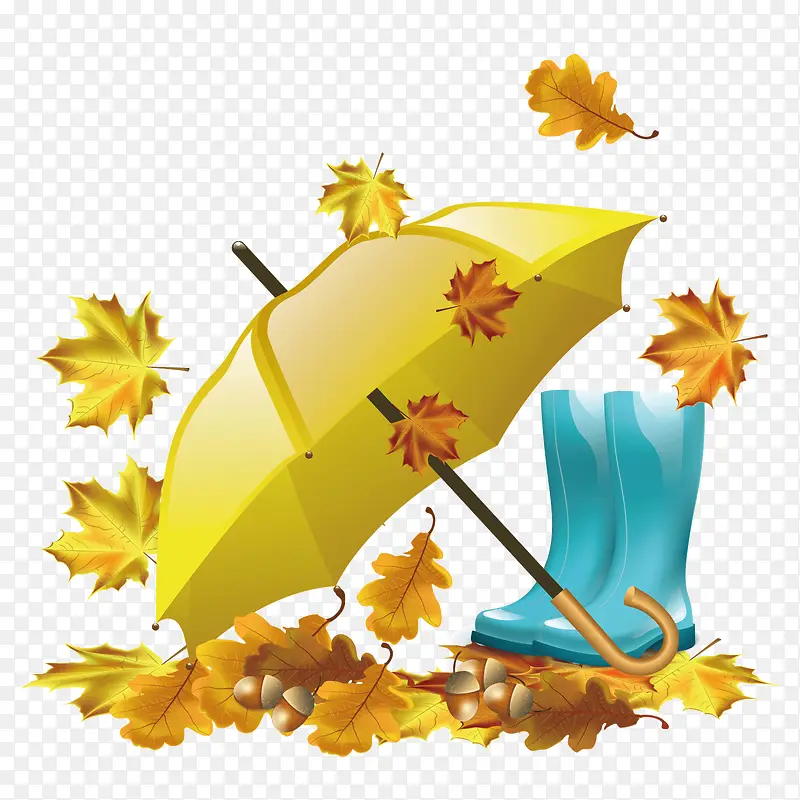 卡通雨伞雨靴与落叶