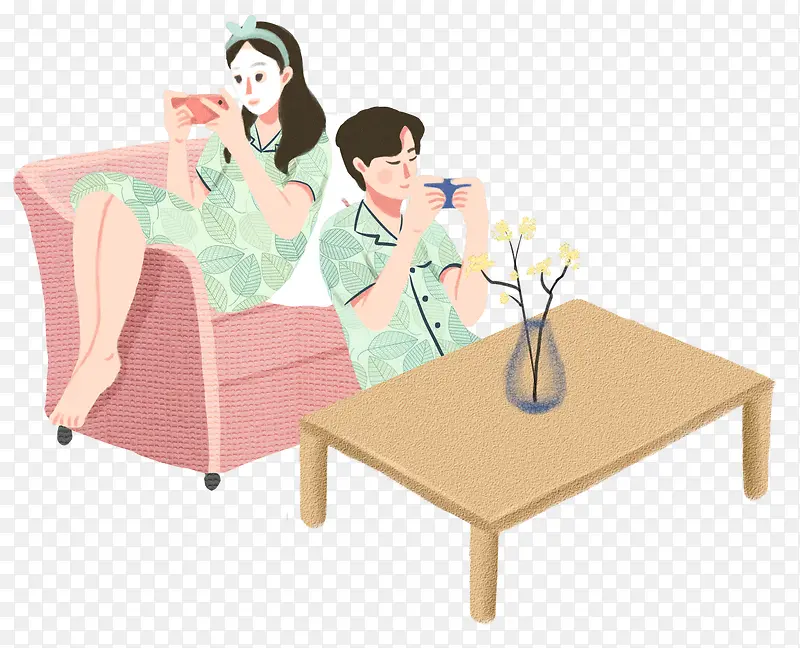 手绘人物插画居家玩游戏的情侣