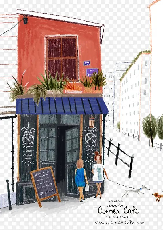 手绘城市街角咖啡厅