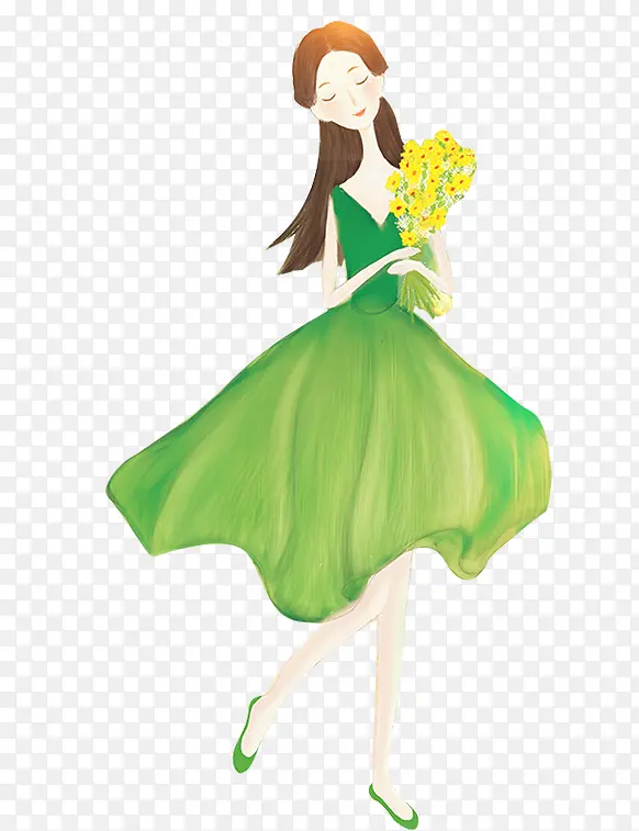 卡通手绘绿色裙子的美女