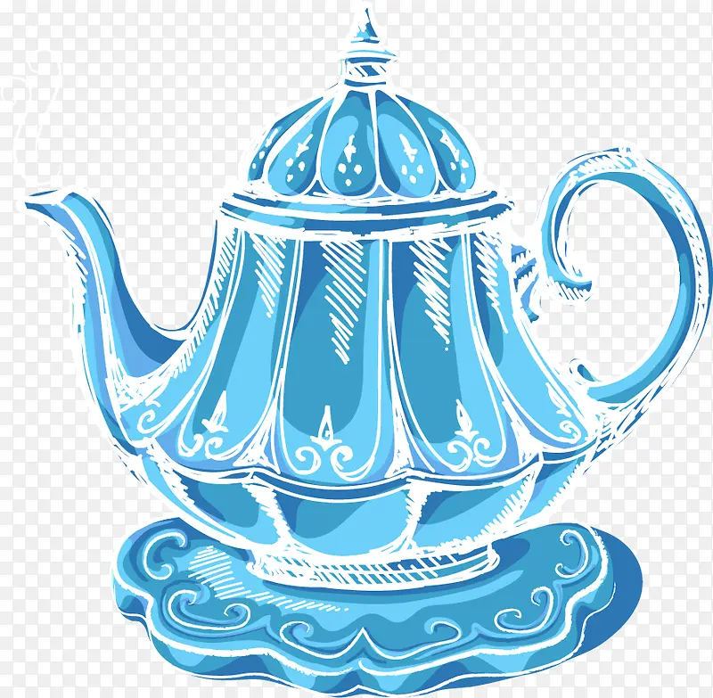 矢量手绘蓝色茶壶