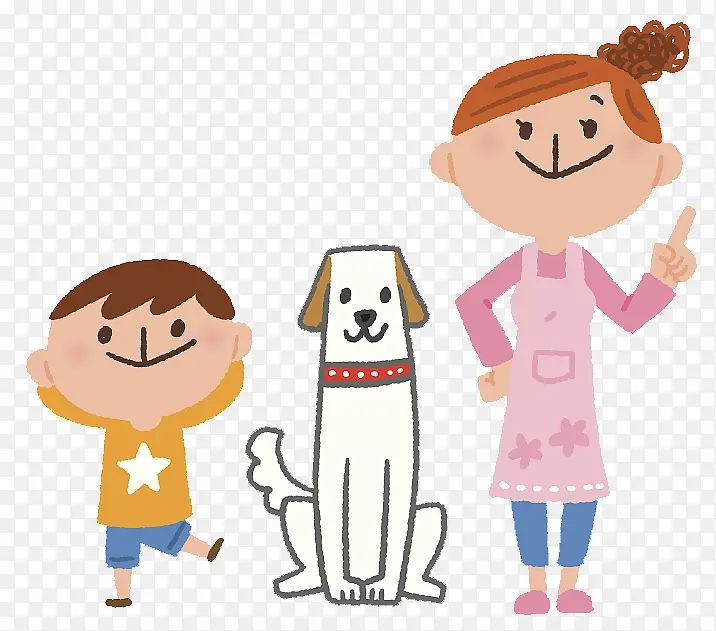 卡通插图妈妈孩子与小狗