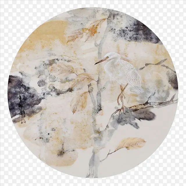 手绘白鹭圆形扇面