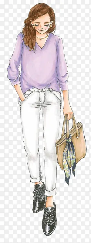 卡通手绘穿白色裤子的女人