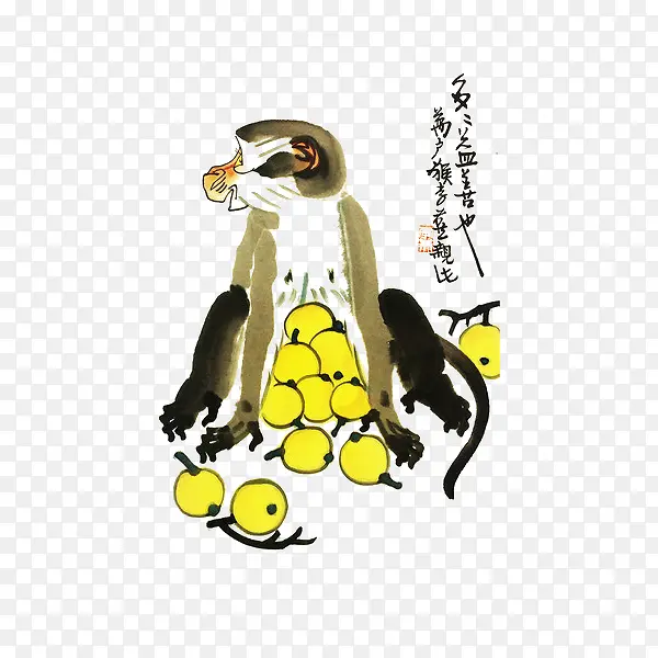 中国风水墨国画猴子和水果免抠