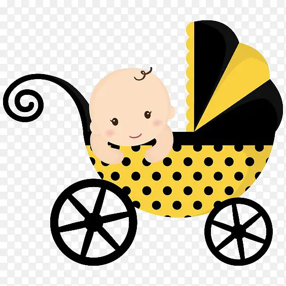 卡通手绘黄色黑点婴儿车