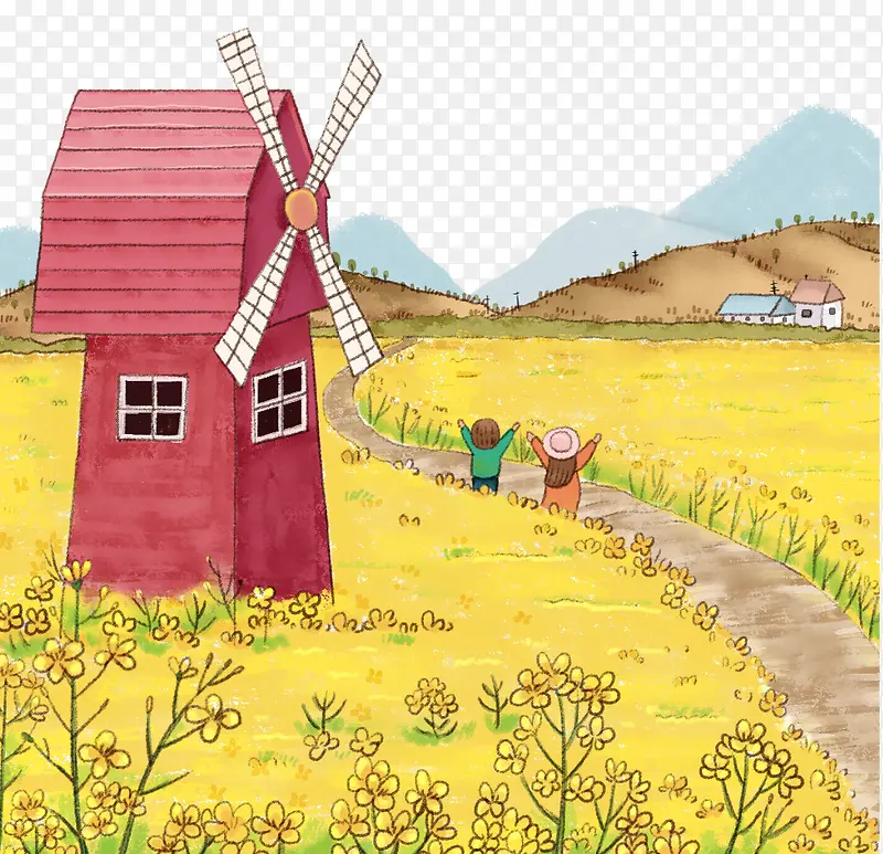 手绘春天风景插画素材