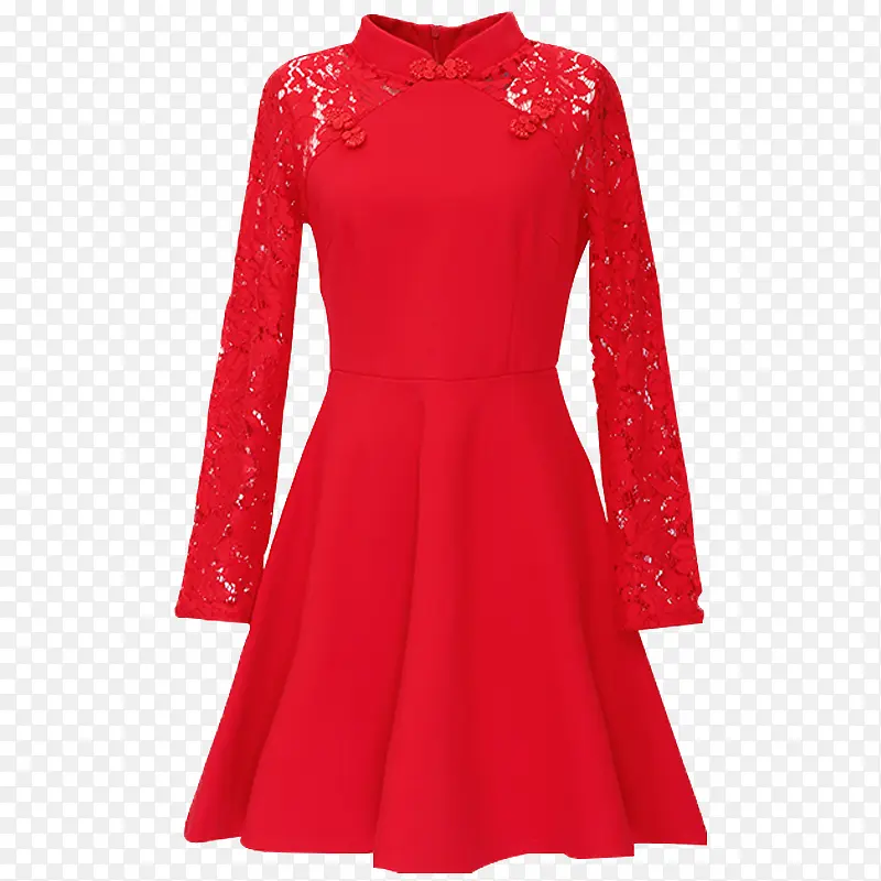 冬季长袖红色裙子