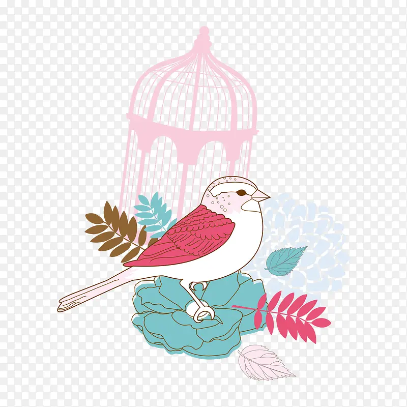 矢量卡通鸟站在花上