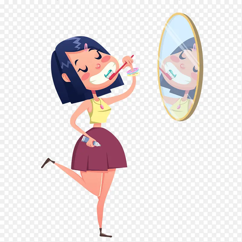 矢量对着镜子开心刷牙女生