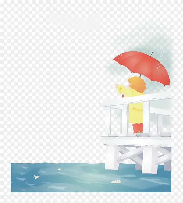 手绘水彩插图撑伞的小孩站在海边